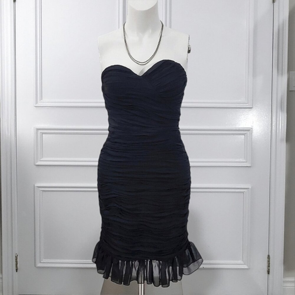 Midi Trumpet Ruffled Black Strapless Dress